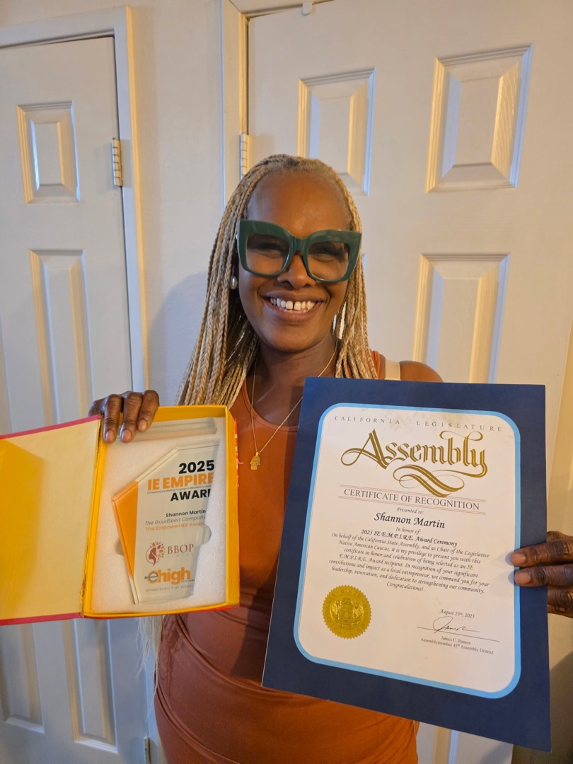 Shannon Martin with IE EMPIRE Award from BBOP/ehigh and CA State Assembly Certificate of Recognition